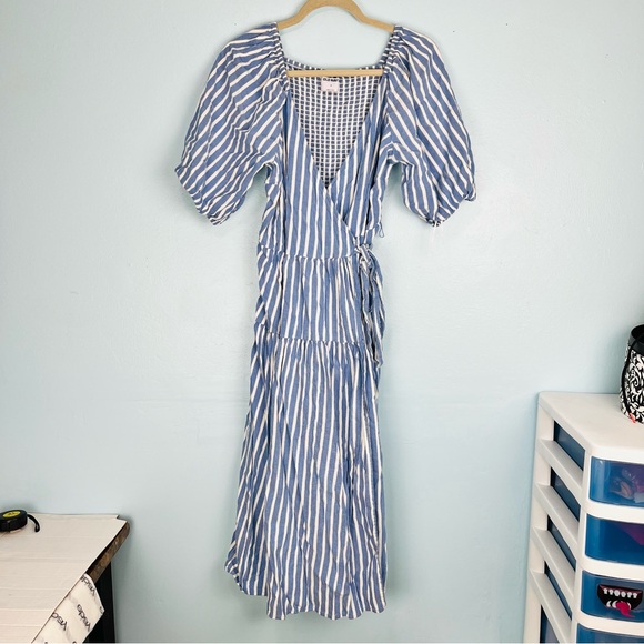Old Navy Women M Stripe Blue White Midi Wrap Dress Modest Elbow Sleeves Nautical - Picture 3 of 11